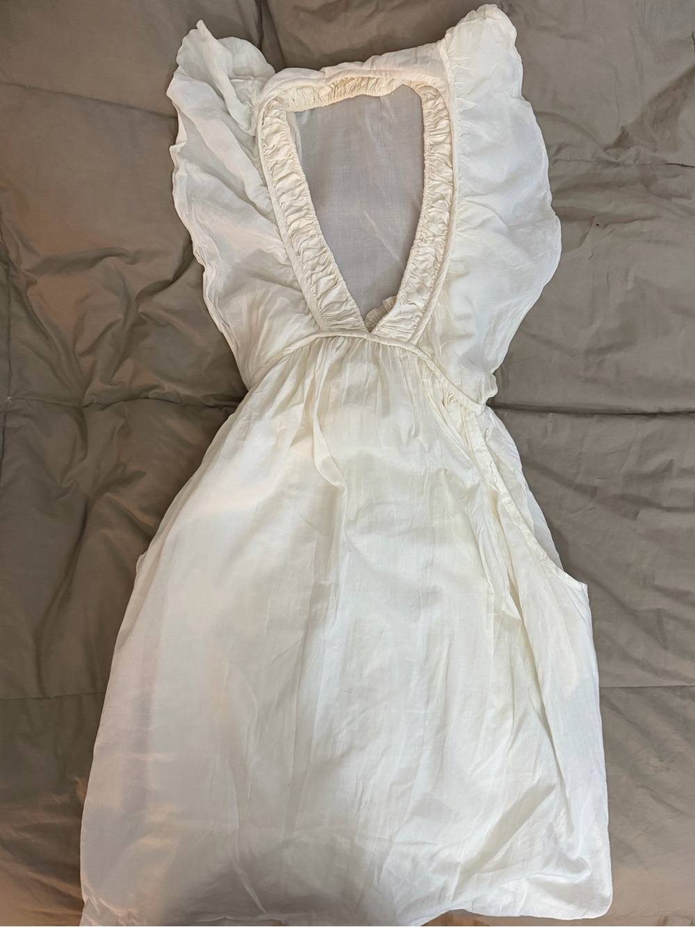 TONY COHEN Indian Light Cream V-Neck Mini Dress with Ruffle Trim Cotton/Silk